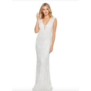 MAC DUGGAL Dress Size 6 Evening Gown Sequin New White Cap Sleeve Leaves V Neck